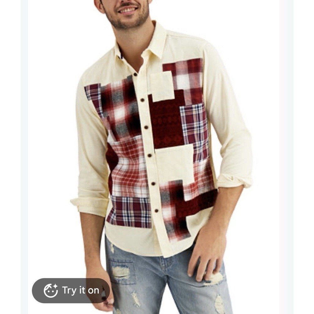 SUN + STONE Men's Patchwork Button-Up Shirt Cream Multicolor Large Long Sleeve